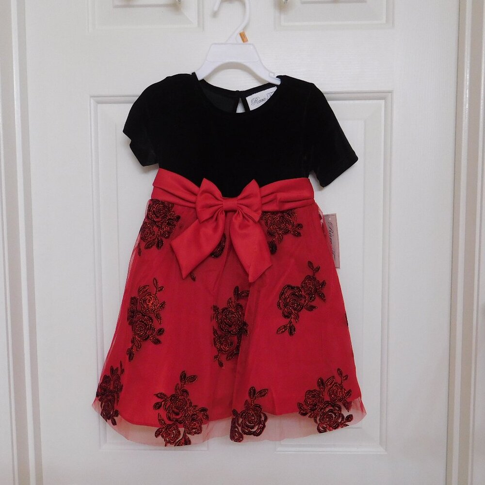 NWT Rare Too Black Velour Red Tulle Roses Party Dress sz 2t